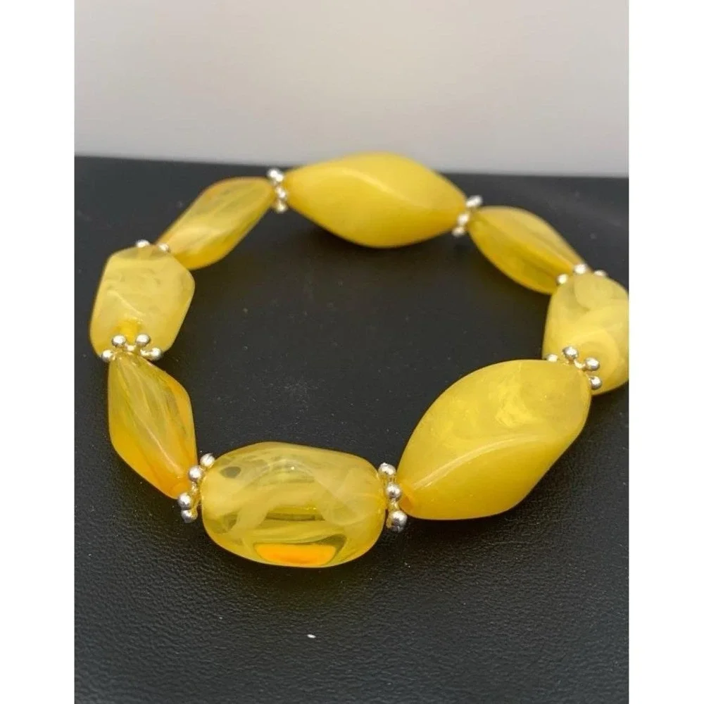 Pretty Yellow And Silver Tone Acrylic Swirl Stretch Bracelet